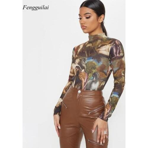 French Retro Fashion Print One Piece 2021 Autumn New Long Sleeve Slim Women Bottomed Jumpsuits