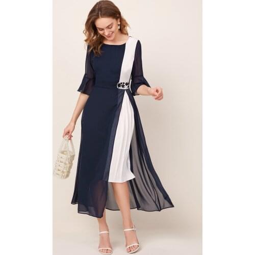 Women summer spring Casual Navy Blue Colorblock Round Neck A Line Floral Embroidery Contrast Mesh Dress