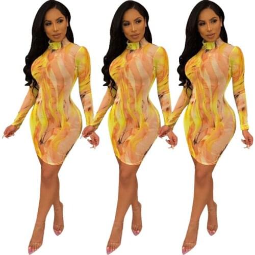 Women o neck print dress mesh see through bodycon bandage dress long sleeve sexy clubwear SR6160