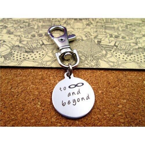 3pcs/lot high quality keychain with 20mm stainless steel circle round " to infinite symbol and beyond" charms keychain