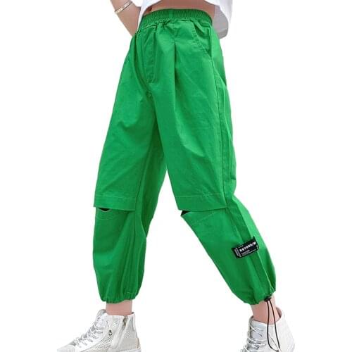 Kids Girls Pants Fashion Broken Hole Cargo Pants Elastic Waist Knee Ripped Trousers Hip Hop Children Clothes Girls Streetwear