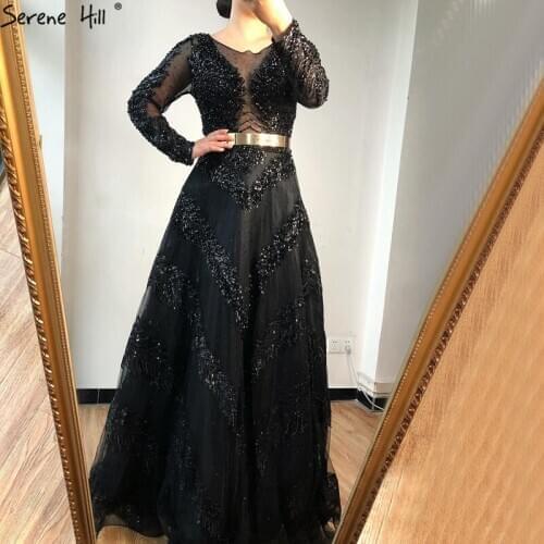 Black A-Line Luxury Sexy Evening Dresses 2020 Long Sleeves Diamond Beading Formal Dress Women Elegant Serene Hill BLA70618