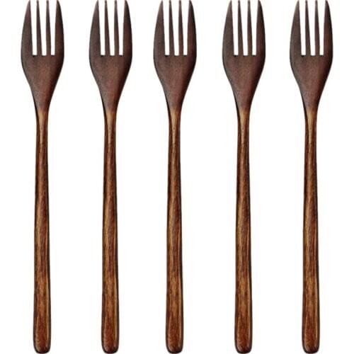 Wooden Forks, 5 Pieces Eco-friendly Japanese Wood Salad Dinner Fork Tableware Dinnerware for Kids Adult (5 Pieces No Rope Wooden