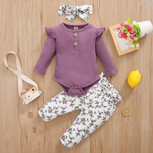 Baby Girl Clothes Set Purple Button 3Pcs Bodysuit+Pants+Headband Cotton Kids Clothes Outfits Toddler Girl Spring Summer Clothing