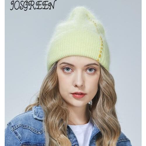 JOSGREENYoung fashion plus velvet, two stitches, large beads, decorated with high-quality Angola womens knitted hats