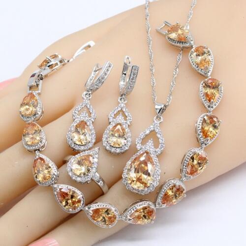 Water Drop Orange Zircon 925 Silver Jewelry Sets For Women Wedding Bracelet Earrings Necklace Pendant Rings Birthday Gift Box