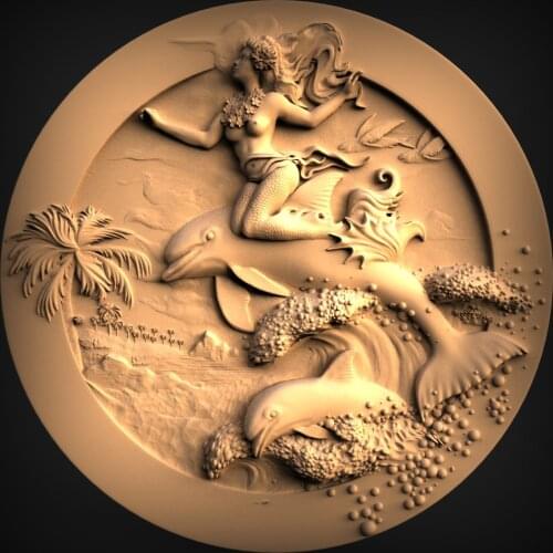 STL Model Panno for CNC Router 3D Printer Artcam Aspire Mermaid Dolphin Round Panel Bas Relief