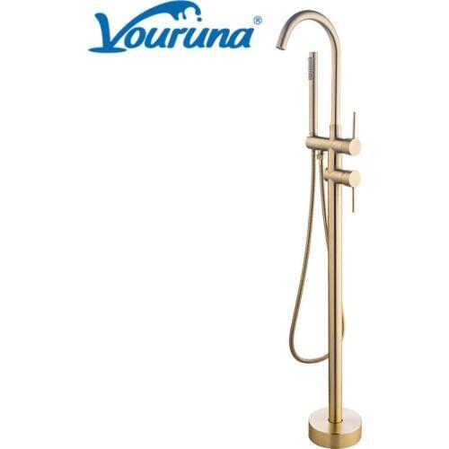 VOURUNA Brushed Golden High Rise Round Freestanding Bath Filler Tap Floor Mounted Bathtub Faucets Round Style