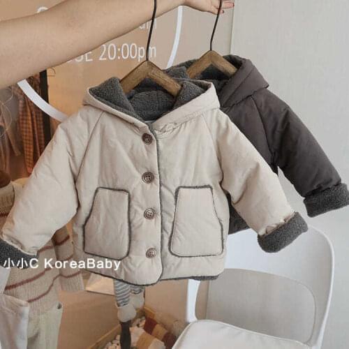 Solid Simple Warm Thicken Jacke Korean Winter Infant Girls Hooded Coat Sides Wear Boys Girls Jacket Thick Cotton Outfits Clothe
