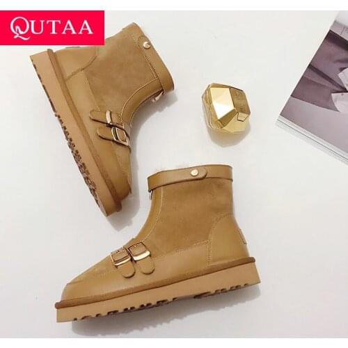 QUTAA 2022 Snow Boots Autumn Winter Flat Heel Cow Suede Fur Ankle Women Boots Square Toe Slip on Ladies Shoes Size 34-43