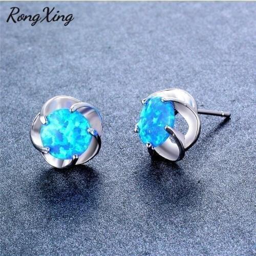 RongXing Round Blue Fire Opal Flower Design Stud Earrings For Women Silver Color Earrings Fashion Jewelry Ear0785