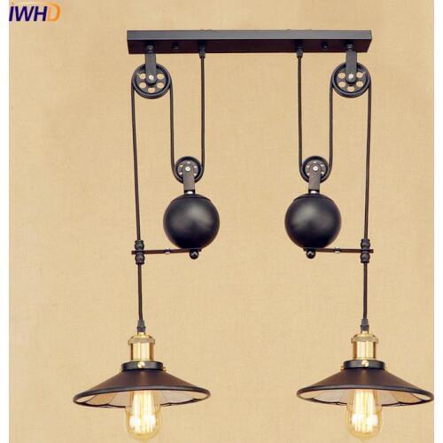 IWHD 2 Heads Vintage Pulley Pendant Lamp LED American Style Loft Industrial Pendant Lighting Fixtures Edison Lamparas
