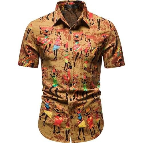 Yellow Shirts Men Beach Hawaiian Casual Print Shirt Mens African Dashiki Ethnic Oversized Short Sleeve Camisas Cosy Streetwear