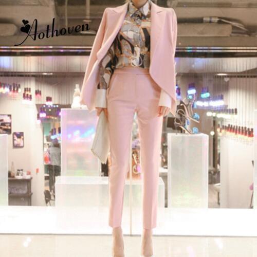 Two Pieces Set 2018 Autumn Business Pink Formal Suits Jackets For Women Work Office Long Sleeve Trouser Suit Nine Pants 2 Piece