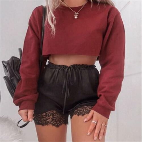 Womens Solid Color Long Sleeve Loose Casual Hoodie Sweatshirt Jumpe Sports Pullover Autumn Exposed Umbilicus Short Tops