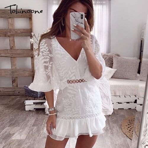 Tobinoone mini lace dress women V neck floral embroidery ruffle hollow out female short dress Beach style party ladies vestidos