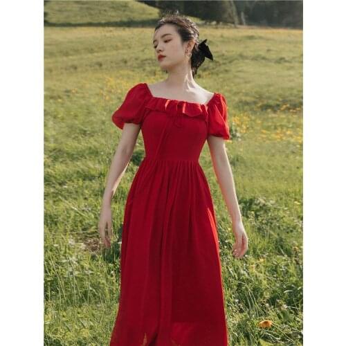 Summer 2021 Ruffled Backless Sexy Square Collar Dresses Women Puff Sleeve Fashion Retro Red Maxi Dress Temperamet