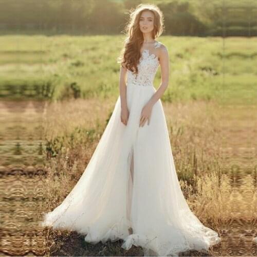 Vestido De Novia Sleeveless A Line Elegant Wedding Dresses Sexy High Slit Wedding Gowns Lace Appliques Bridal Dress Custom Made