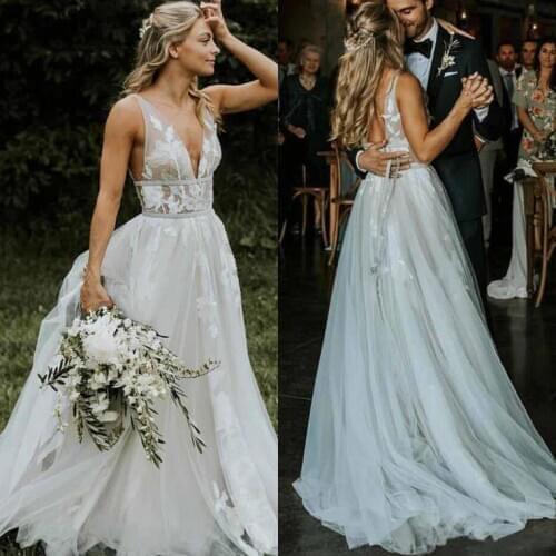 Платье 2021 Vintage Lace Appliques Boho Wedding Dresses V-neck Backless Beach Wedding Gowns Bride Dresses vestidos de novia