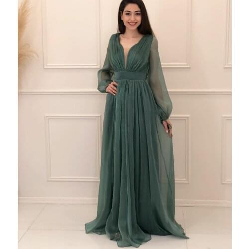Elegant Long Sleeve V-Neck Prom Dresses Zipper Back Pleated Tulle Robe De Soiree Floor Length Formal Party Gown