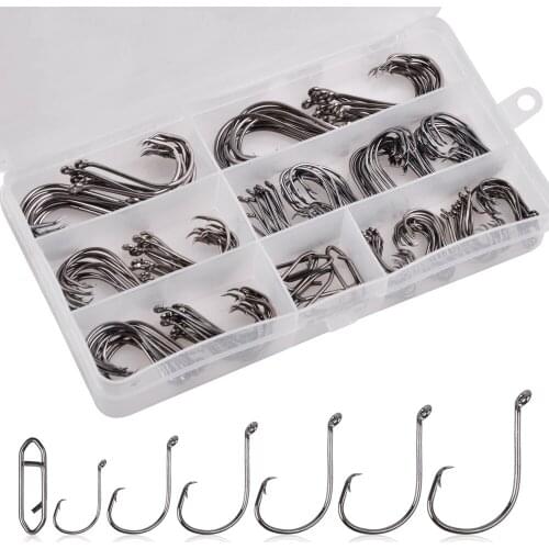 185Pcs/Box Bass Fishing Hooks Tackle Kit Including Octopus Offset Circle Fishing Hooks And Fast Link Clip Snap Swivels