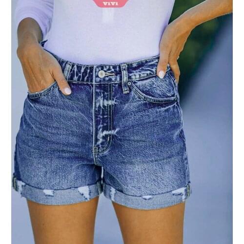 2021 Summer Womens Denim Ripped Ankle Cuff Shorts Mid-waist Stretch Dark and Light-colored Ripped Pants