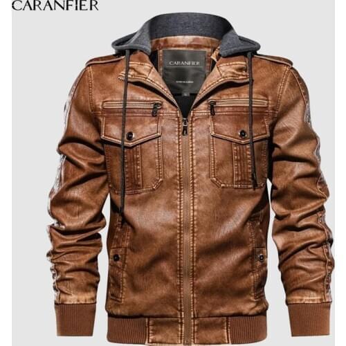 CARANFIER New Mens PU Hooded Jackets Coats Motorcycle Biker Faux Leather Jacket Men Classic Winter Jackets Clothes European Size