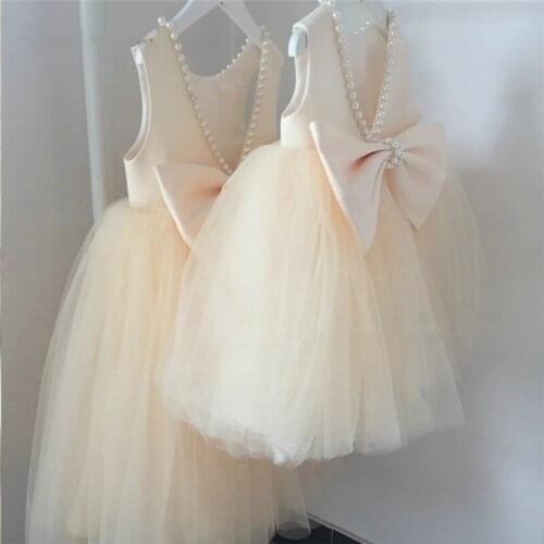 Champagne Puffy Tulle Girl Dress Pearls Satin Bow First Communion Dresses Kids Little Princess Birthday Dresses