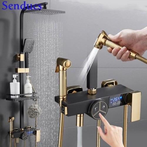 Black Hot Cold Digital Bathroom Shower Set Wall Mounted Shower Set Thermostatic Bath Shower Set 12inch Pvc Pressure Shower RoHS