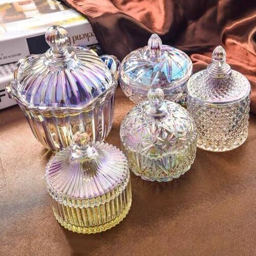 Color Crystal Glass Storage Jar Lids 300ML Candy Jar Glass Transparent Container Cookie Cotton Swab Box Cotton Pad Storage