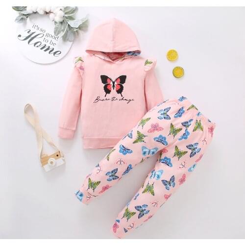 1-6 Years Girls Spring Autumn Set Long Sleeve Hooded Tops With Ruffles Elastic Waist Trousers Girls Butterfly Print Pink Suits
