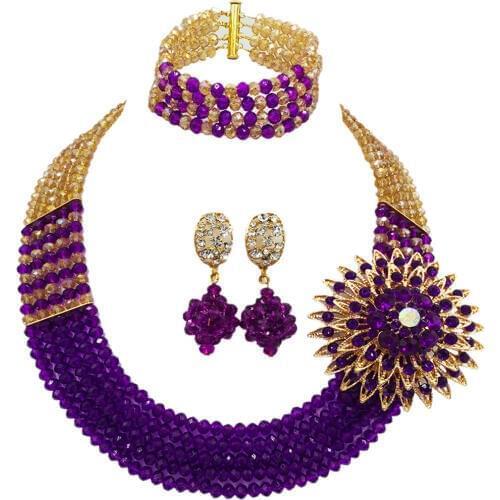 Fashion Gold AB Purple Crystal Beaded Necklace Nigerian Wedding African Beads Jewelry Set for Women 5L-SXJB14