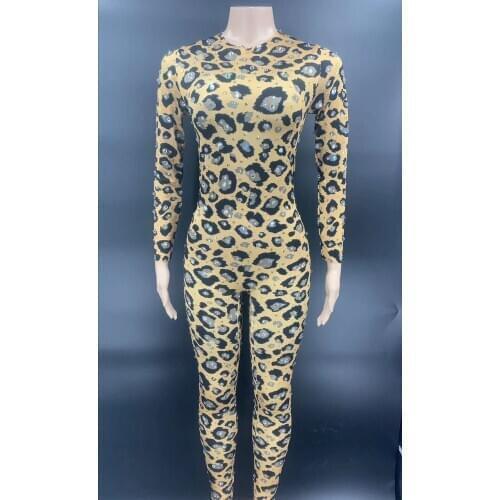 Fashion Stretch Leopard Print Rhinestone Jumpsuit Women Skinny Party Bodysuit Nightclub Costumes Singer Dancer Stage Clothes