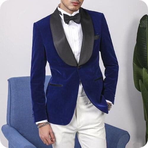 Blue Velvet Groom Wear Men Wedding Suits White Pants Smoking Jacket 2pcs Blazer Costume Homme Outfit Wide Shawl Lapel Masculino