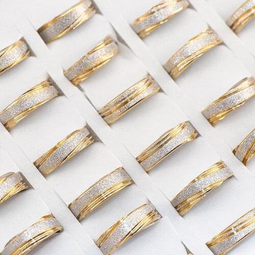 Wholesale 36 Pcs/lot stripes Golden Scrub Stainless steel Rings Mens ring polished inside
