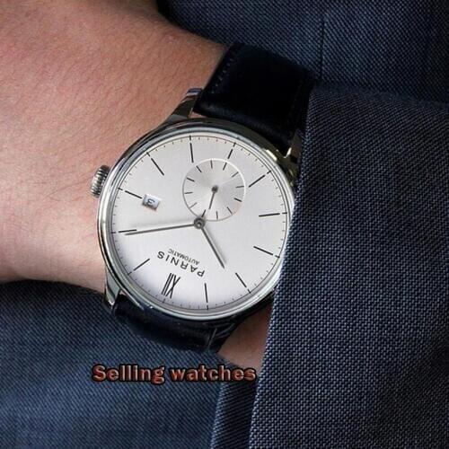 Parnis new 2019 42mm mens top luxury mechanical watch silver watch case date leather automatic man watch