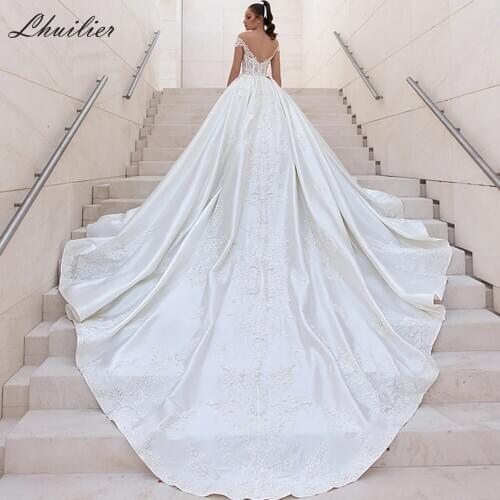 Lhuilier A-line Luxury Satin Wedding Dresses 2020 Short Sleeves Beaded Lace Appliques Floor Length Cathedral Train Bridal Dress