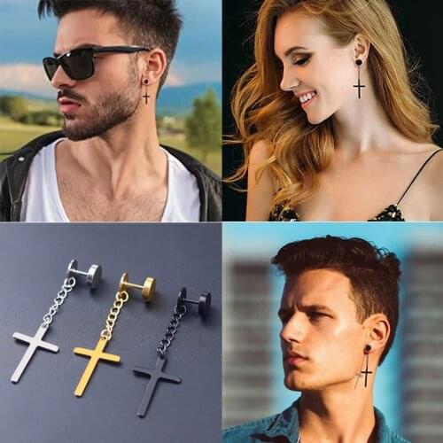 1 Piece Punk Gothic Stainless Steel Stud Earrings For Fashion Women Men Rock Jewelry Hip Hop Cross Round Earring Taper Dumbbell