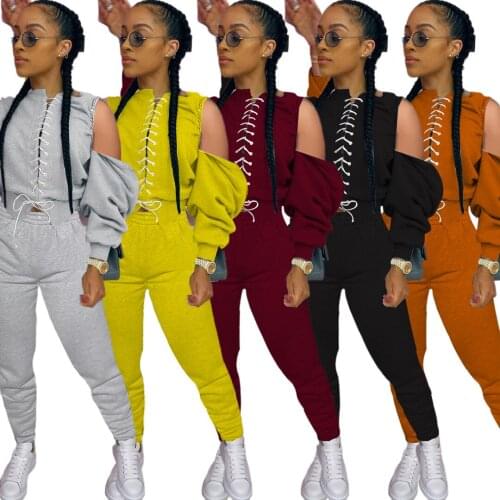 Plus Size S-3XL Tracksuit Women Lounge Wear Cold Shoullder Front Criss-Cross Sweater+ Pencil Pants Two Piece Set Femme Clothes