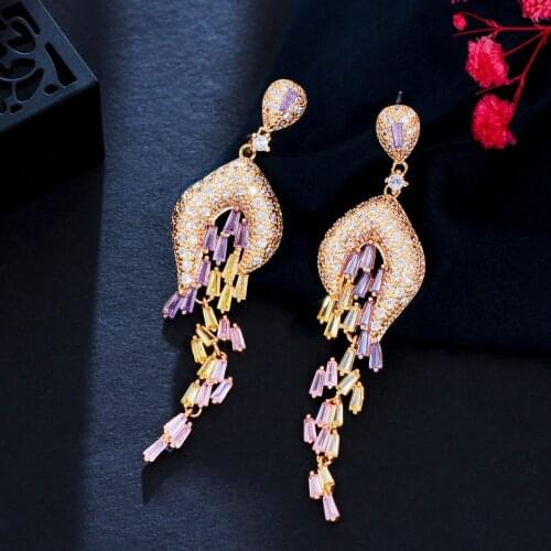 ThreeGraces Gorgeous Dubai Gold Color Long Multicolor Cubic Zirconia Geometric Dangle Earrings for Ladies Party Jewelry ER668