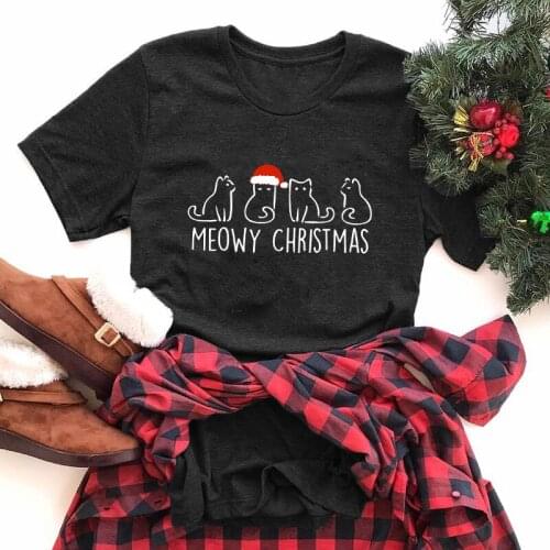 Funny Women Short Sleeve Holiday Gift Tshirt For Cat Mom Colored Meowy Christmas T-shirt Cute French Cat Graphic Tee Shirt Top