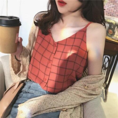 Women Plaid Chiffon V Neck Sleeveless Button up Camisole Basic Top Vest Blouse
