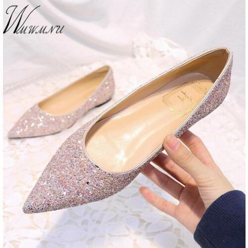 Plus Size 34-44 Fashion Classics Silver Bling Glitter Flats Women Casual Pointed Toe Flat Loafers New Party Dress Sequin Shoes