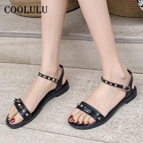 COOLULU 2021 Women Shoes Rivet Open Toe Flat Sandals Buckle Strap Causal Sandals Female Footwear Summer Beige Large Size 34-43