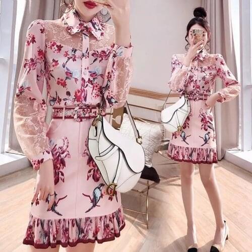 Womens Spring Fashion Suits Sweet Shirt + Printed Short Skirt Two-piece Set Female Pink