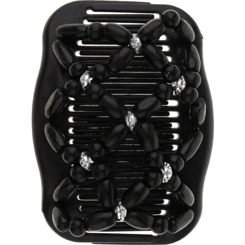 2 Pcs Wood Beads Double Hair Comb Clip Stretchy Women Hair Accessories,Black