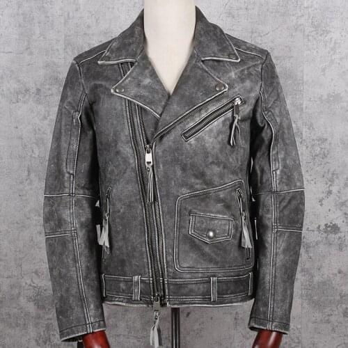 2020 Vintage Grey American Style Motorcycle Jacket Plus Size XXXXXL Genuine Cowhide Autumn Slim Fit Bikers Leather Coat