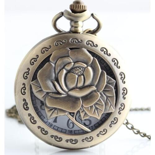 50pcs/lot Hot Sell Hollowed Rose Flower Bronze Pocket Watches Necklace Pendant Men Women Gift Watches for Christmas Wholesale