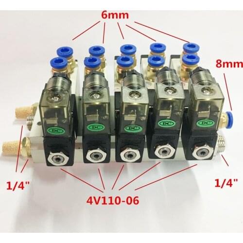 Airtac 5 Way 4V110-06 With LED Indicator Quintuple Electromagnetic Solenoid Valves w Muffler Fitting Base 220V