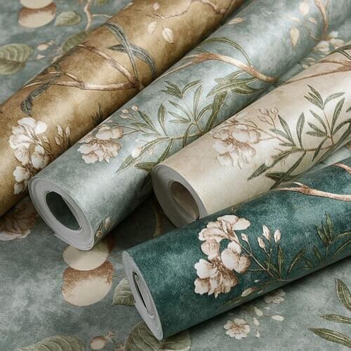 American Country Wallpaper Pastoral Retro Nostalgic Living Room Bedroom Dark Green Flowers and Birds TV Background Wall Wallpape